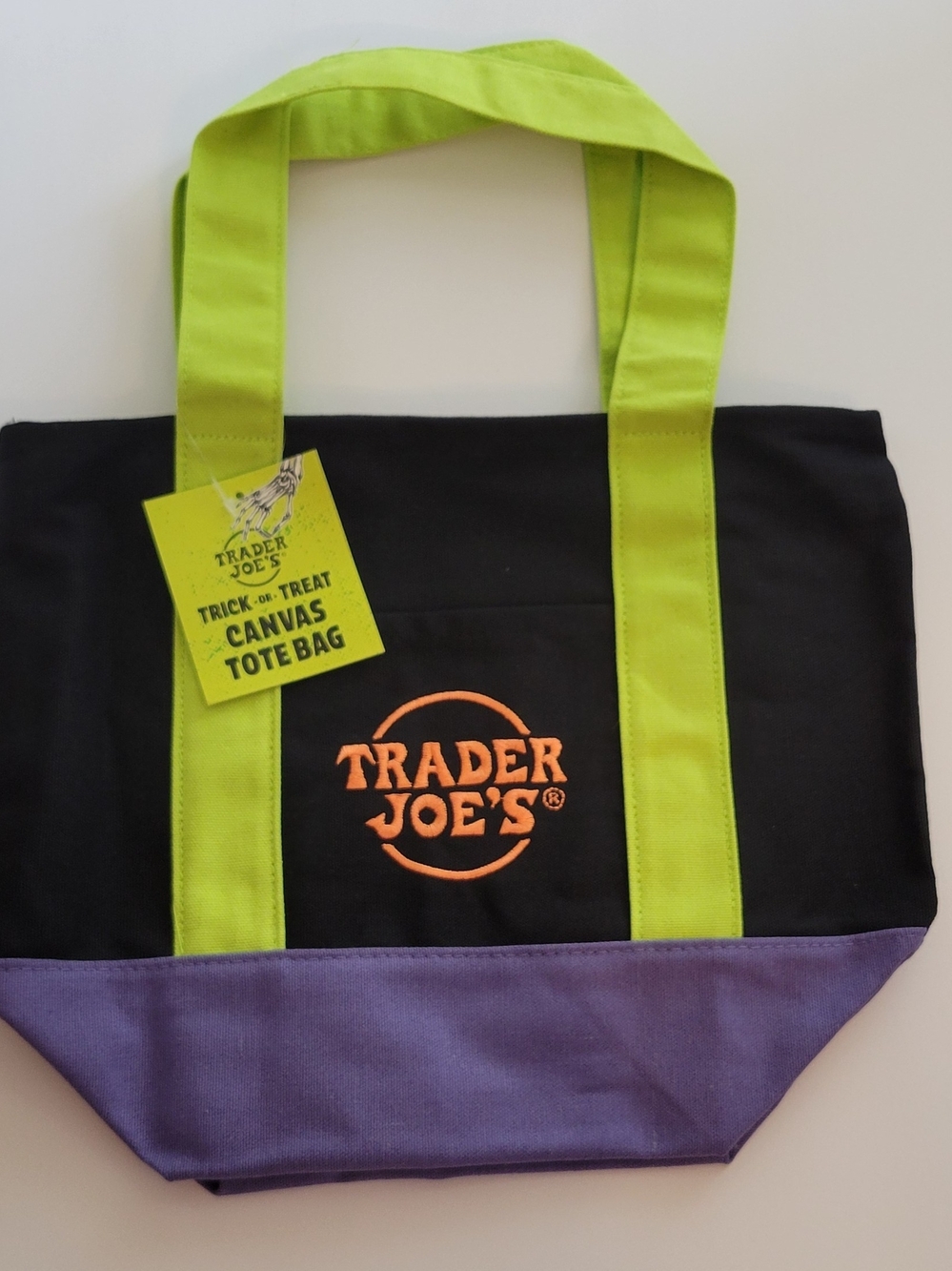 NWT Trader Joe's Mini Black Canvas Tote Bag with Lime Handles and Purple Base